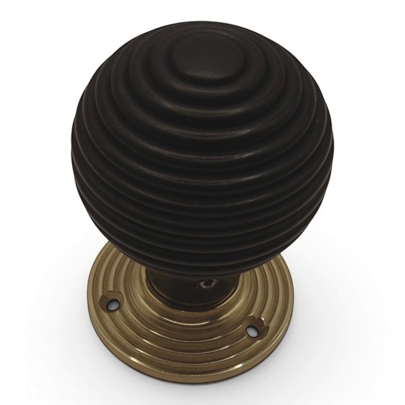 PDF1016R2/PB  Ebonised / Polished Brass  Period Timber Round Beehive Mortice / Rim Knob Set With Ringed Roses